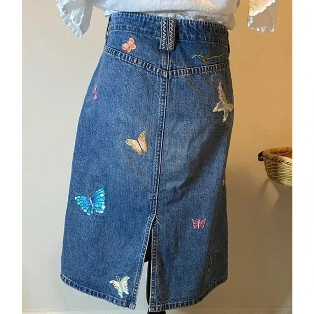 Y2k Gap Jean Skirt 6 Midi Embroidered Butterflies Patches Boho Festival Whimsy - Picture 4 of 16